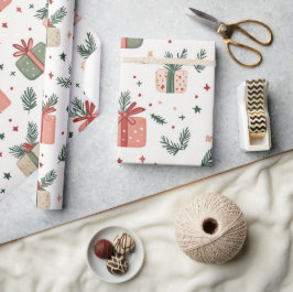 Rode en groene cadeaus met dennentakjes als Kerstc Cadeaupapier