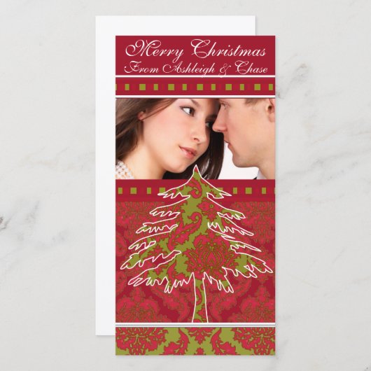 Rode en groene damast dennenvakantie familie Afbee Feestdagenkaart (Voorkant / Achterkant)