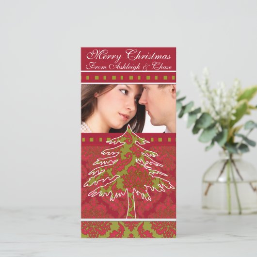 Rode en groene damast dennenvakantie familie Afbee Feestdagenkaart (Staand voorkant)