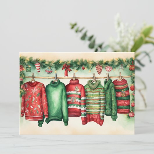 Rode en groene feestelijke truien op Clothesline Feestdagenkaart (Staand voorkant)