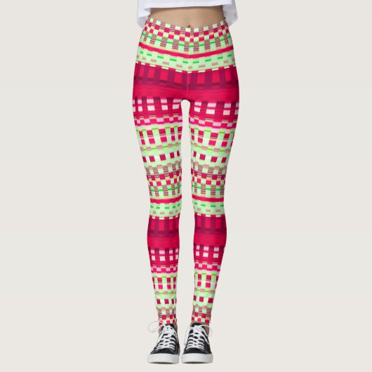 Rode en groene geruite strepen Psychedelische leli Leggings (Voorkant)