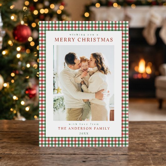 Rode en groene Gingham Kerst Foto Feestdagenkaart