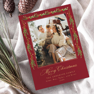 Rode en Groene Hulstkrans Kerst Foto Kaart