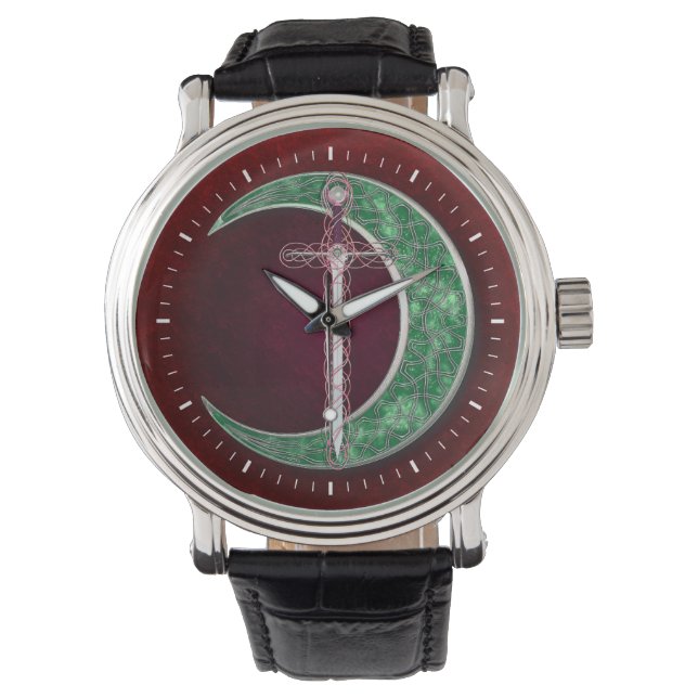 Rode en groene Keltische maan Horloge (Voorkant)