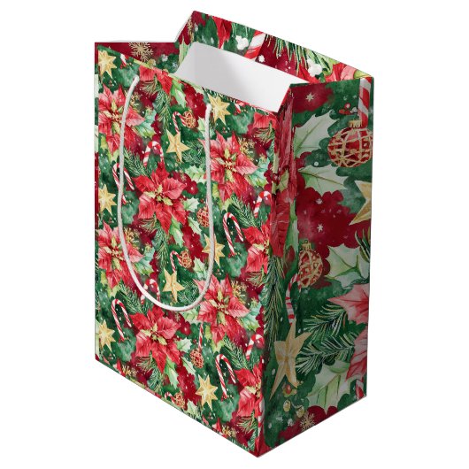 Rode en Groene Kerst Florale Candy Cane Medium Cadeauzakje (Achterkant Gekanteld)