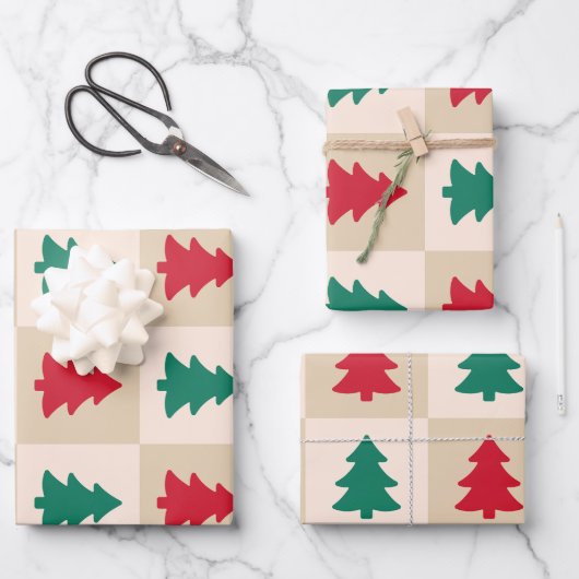 Rode en Groene Kerstbomen Patroon Inpakpapier Vel (Voorkant)