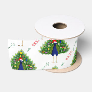 Rode en groene kerstboom pauw patroon satijnen lint