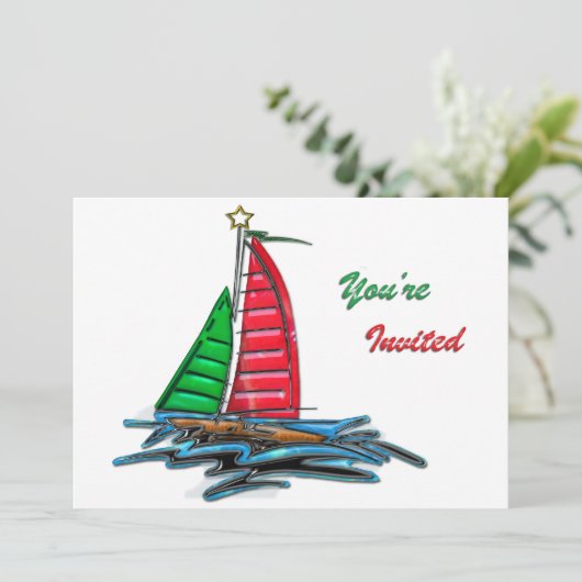 Rode en groene kerstboot kaart (Staand voorkant)