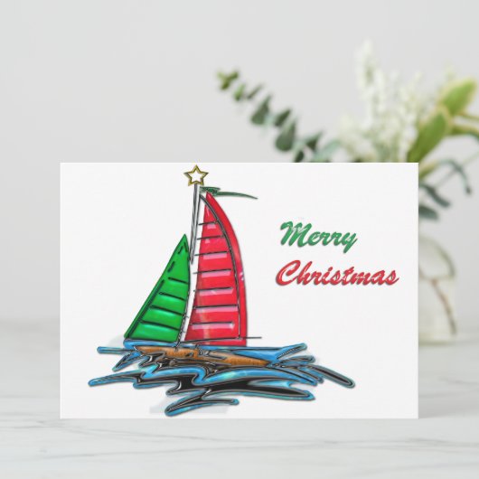 Rode en groene kerstboot kaart (Staand voorkant)