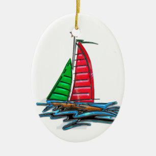 Rode en groene kerstboot keramisch ornament