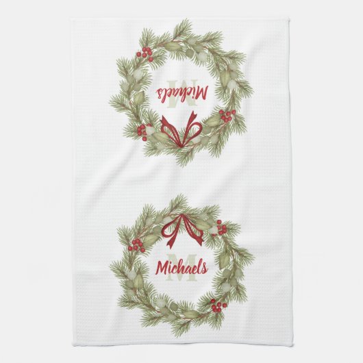 Rode en groene kerstkrans op maat theedoek (Verticaal)