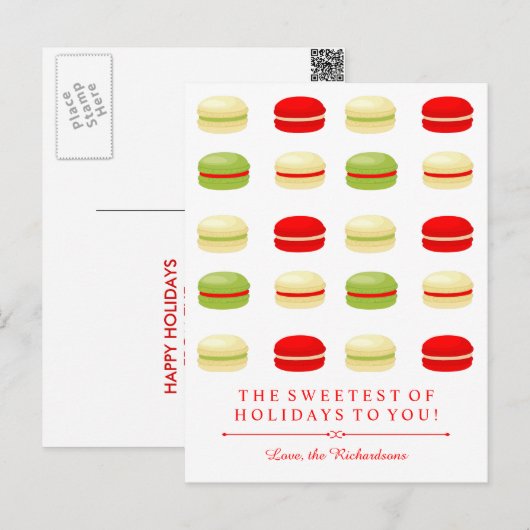 Rode en Groene Kerstmis Franse Macarons op Wit Feestdagenkaart (Voorkant / Achterkant)
