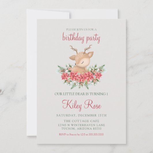 Rode en Groene Kerstmis Poinsettia Herten Verjaard Kaart (Voorkant)