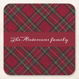 Rode en groene kerstplaid familienaam kartonnen onderzetters