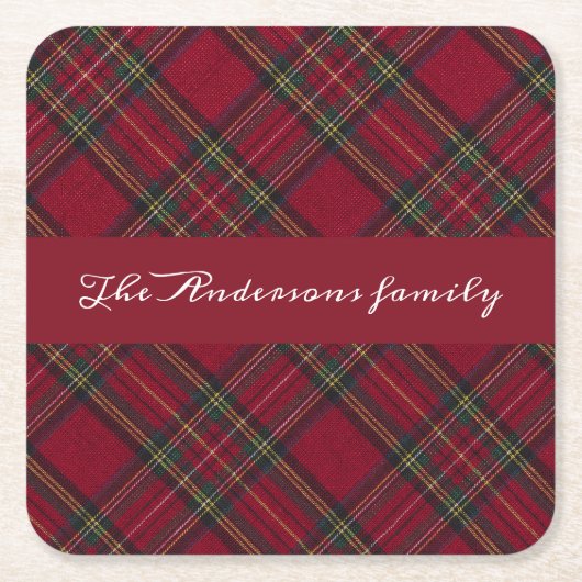 Rode en groene kerstplaid familienaam kartonnen onderzetters (Voorkant)