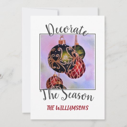 Rode en groene kerstsieraden met foto feestdagenkaart (Voorkant)