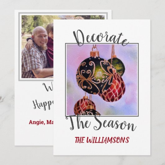 Rode en groene kerstsieraden met foto feestdagenkaart (Voorkant / Achterkant)