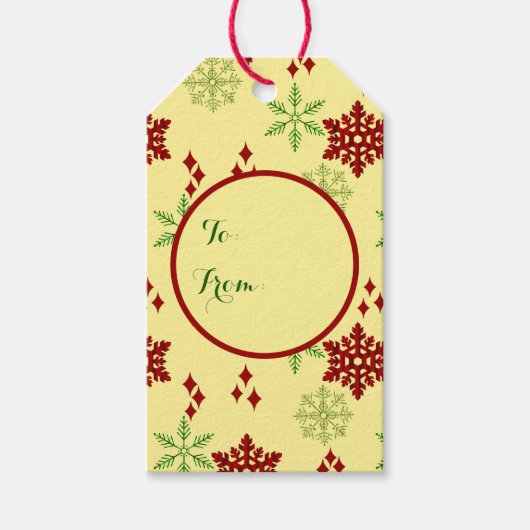 Rode en groene kerstsneeuwvlokken cadeaulabel (Voorkant)