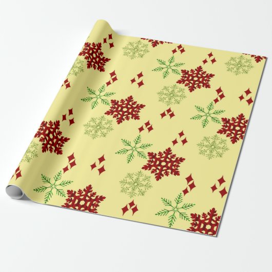 Rode en groene kerstsnowflakes cadeaupapier (Uitgerold)