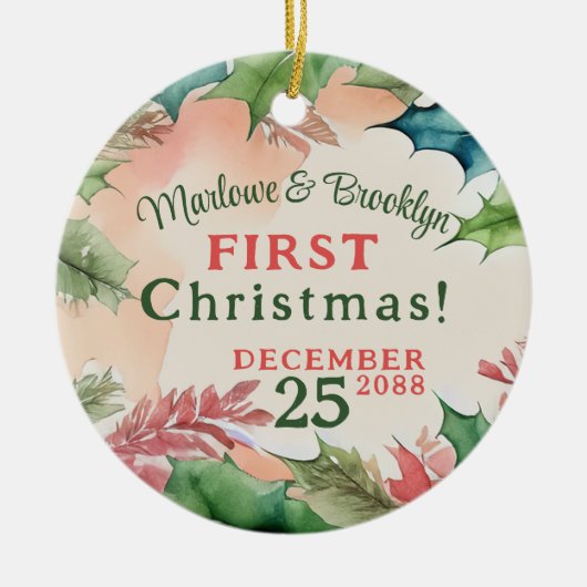 Rode en groene kerstvakantie Verloving Foto Keramisch Ornament (Voorkant)