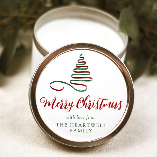 Rode en groene lint boom Kerstmis script Ronde Sticker