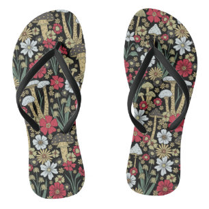 Rode en groene paddenstoelen en bloemen teenslippers