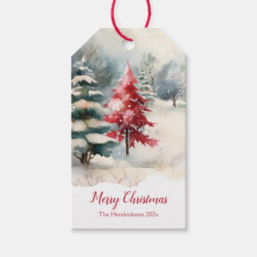 Rode en groene pijnbomen Kerstmis Cadeaulabel (Voorkant)