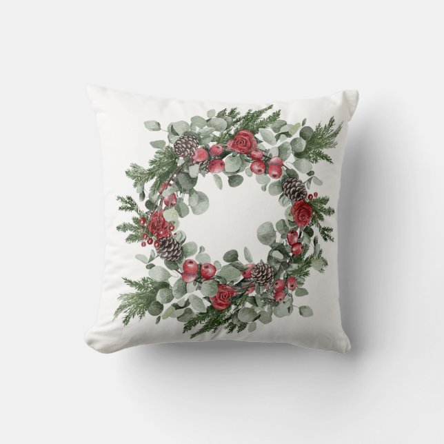 Rode en groene Poinsettia Pine Cones Evergreen Kussen (Voorkant)