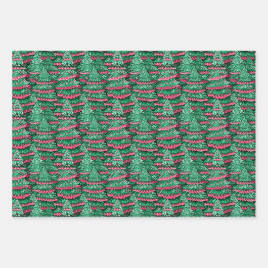 Rode en Groene Preppy Kerstbomen & Rendieren Inpakpapier Vel (Voorkant 2)