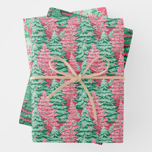 Rode en Groene Preppy Kerstbomen & Rendieren Inpakpapier Vel (In situ)