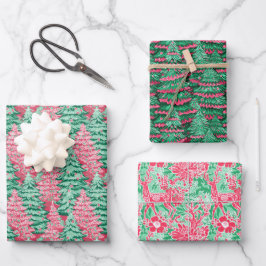 Rode en Groene Preppy Kerstbomen & Rendieren Inpakpapier Vel