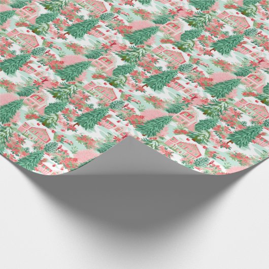 Rode en Groene Preppy Kerstmis Winter Huizen Cadeaupapier (Hoek)