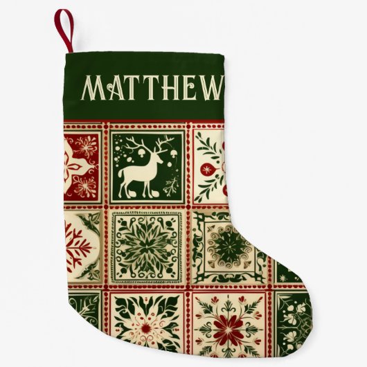  rode en groene quilt vierkanten kerst kleine kerstsok (Voorkant)