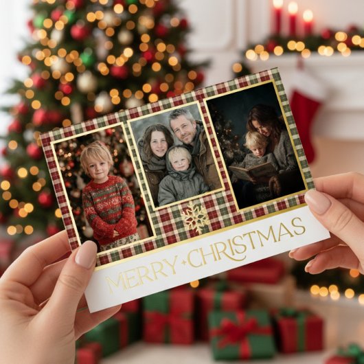 Rode en groene rustieke geruite vrolijke kerst fot folie feestdagenkaart