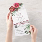 Rode en groene rustieke winterdennen bloem QR-code All In One Uitnodiging (Afscheurbaar)