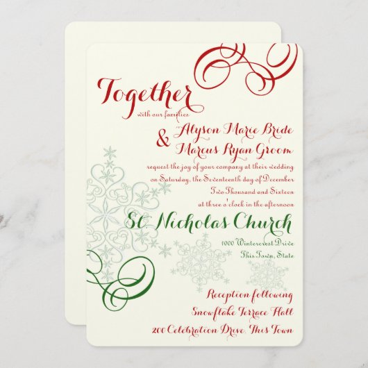 Rode en groene sneeuwvlok tekst bruiloft kaart (Voorkant / Achterkant)