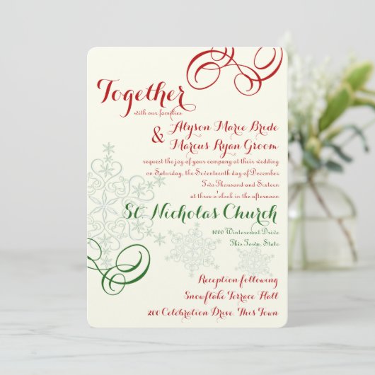 Rode en groene sneeuwvlok tekst bruiloft kaart (Staand voorkant)