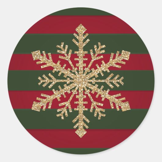Rode en groene streep met Gold Glitter Snowflake Ronde Sticker (Voorkant)