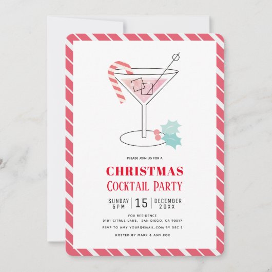 Rode en groene strepen kerstcocktail party kaart (Voorkant)