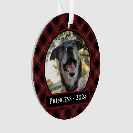 Rode en groene Tartan Plaid Hond Foto Kerstmis Ornament (voorkant)