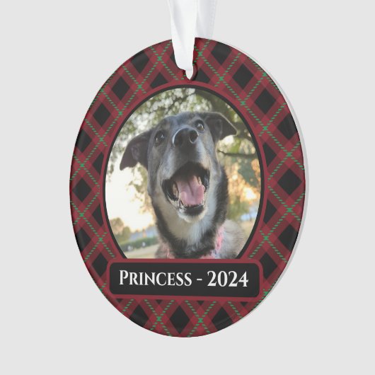 Rode en groene Tartan Plaid Hond Foto Kerstmis Ornament (voorkant)