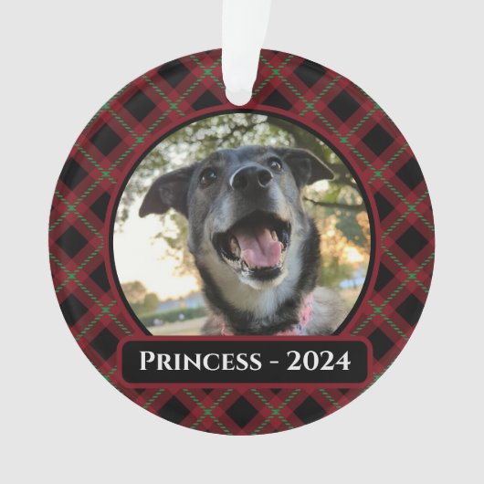 Rode en groene Tartan Plaid Hond Foto Kerstmis Ornament (voorkant)