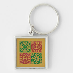Rode en groene tegelkunst op gouden patroon sleutelhanger