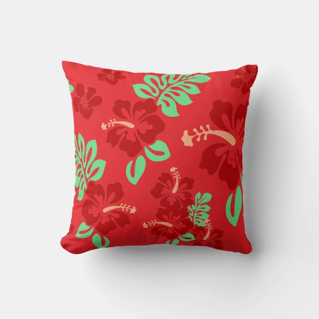 Rode en groene tropische hibiscus Floral Pattern Kussen (Voorkant)