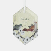 Rode en groene vogels op bloeiende tak glas ornament (Voorkant links)