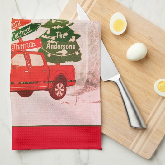 Rode en Groene Vrachtwagen Familie  Vrolijk Kerstf Theedoek (Quarter Fold)