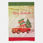 Rode en Groene Vrachtwagen Familie  Vrolijk Kerstf Theedoek (Verticaal)