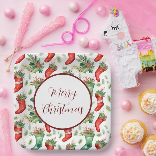 Rode en groene Waterverf kousen Papieren Bordje (Feest)