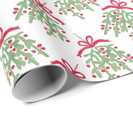 Rode en groene Waterverf Mistletoe Pattern Cadeaupapier (Rol Hoek)