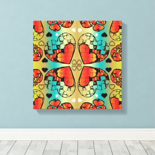 Rode en groene witte roomkleurige harten canvas afdruk (Insitu (Houten vloer))